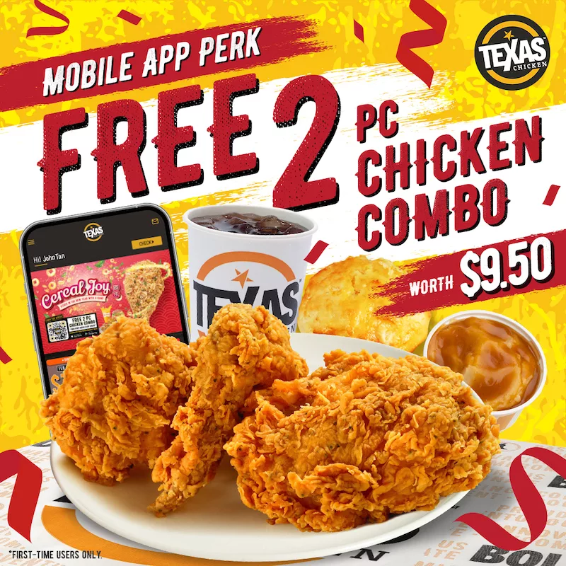 Texas Chicken Singapore Promotion: Free 2 Pc Chicken Combo Worth $9.50