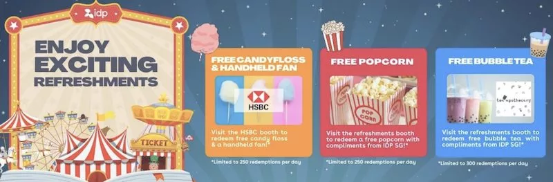 free candy floss, popcorn, bubble tea and a handheld fan singapore