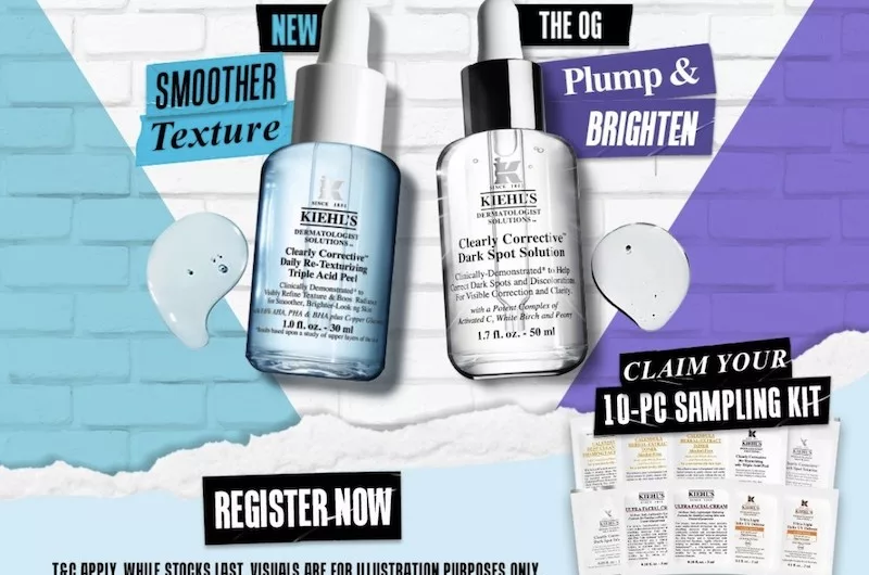 Free 10-Pc Kiehl’s Sample Kit Containing New Clearly Corrective Daily Re-Texturising Triple Acid Peel